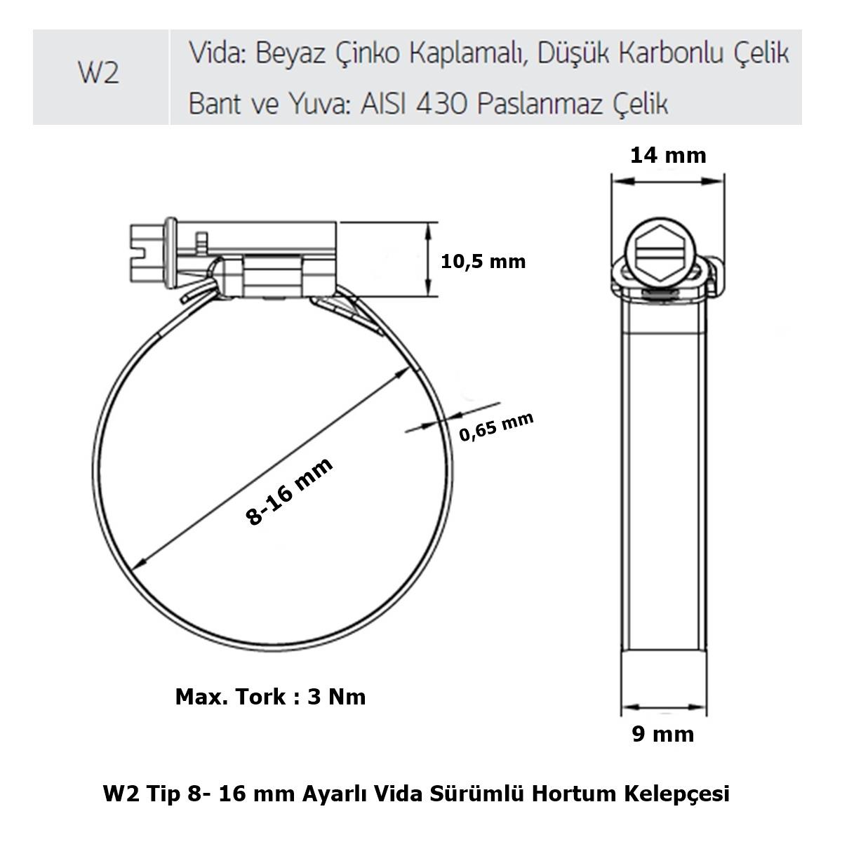 Mikalor 200 Adet W2 Hortum Kelepçesi 8-16 mm 430 Paslanmaz - Görsel 2