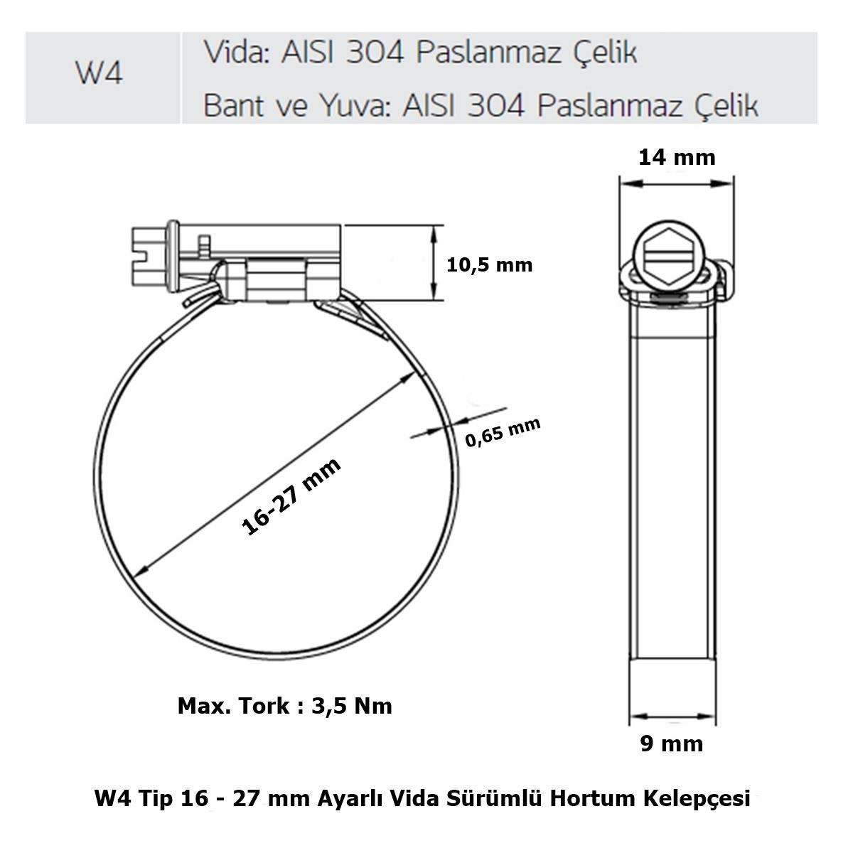 Mikalor 200 Adet W4 Hortum Kelepçesi 16-27 mm 304 Paslanmaz - Görsel 2