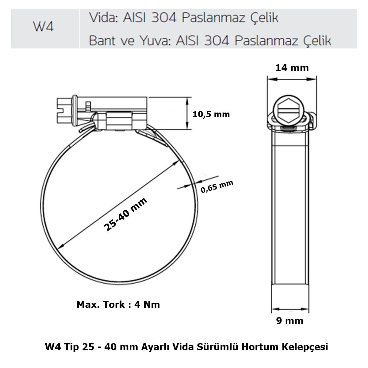 Mikalor 3 Adet W4 Hortum Kelepçesi 25-40 mm 304 Klt. Paslanmaz - Görsel 2