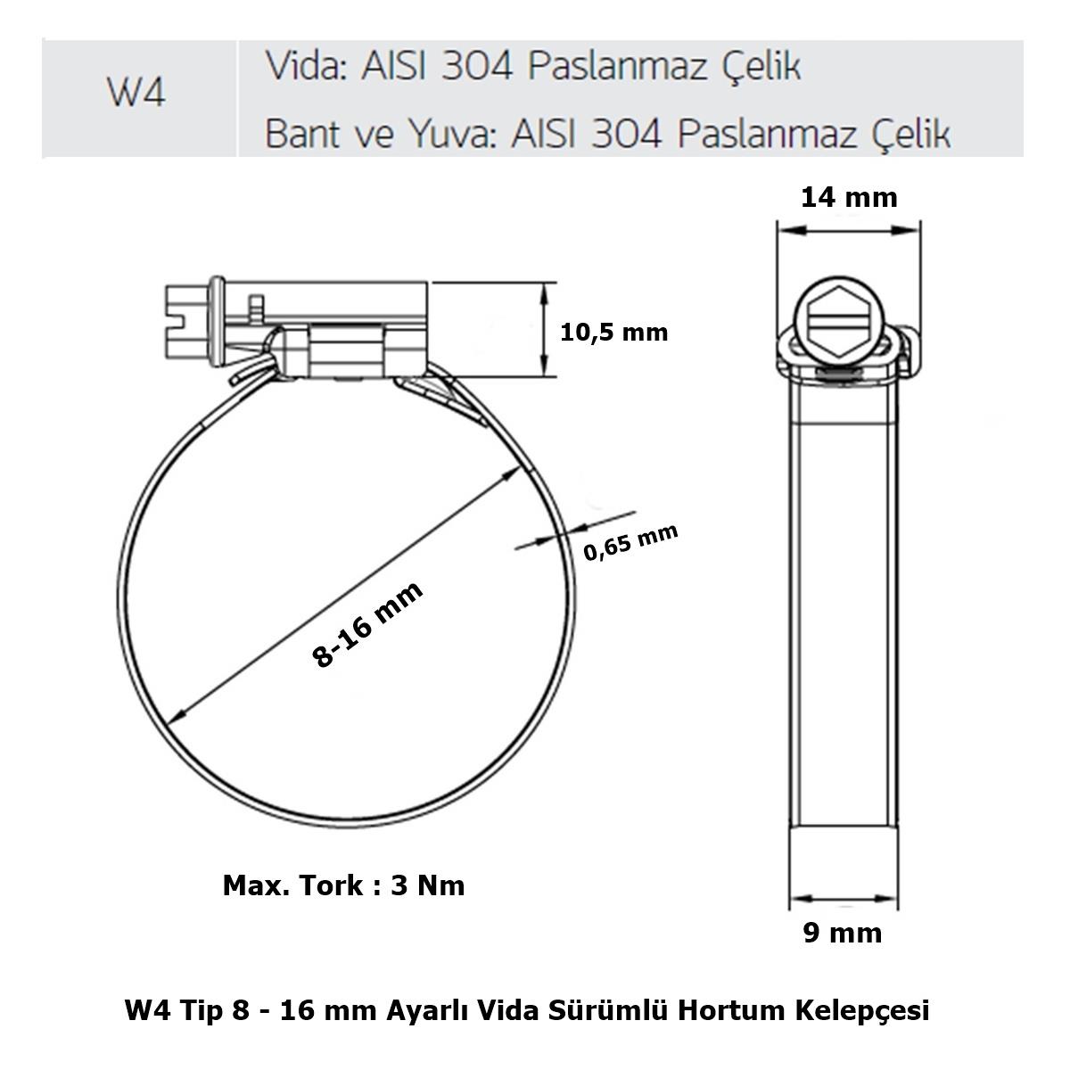 Mikalor 200 Adet W4 Hortum Kelepçesi 8-16 mm 304 Paslanmaz - Görsel 2