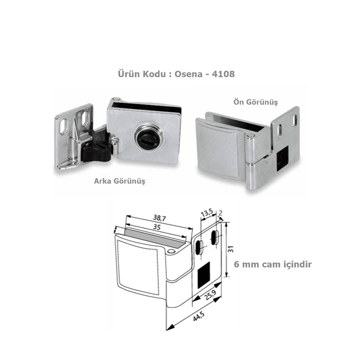 Osena Cam Menteşesi Metal Krom 6 mm Cam İçin 1 Takım - Görsel 2