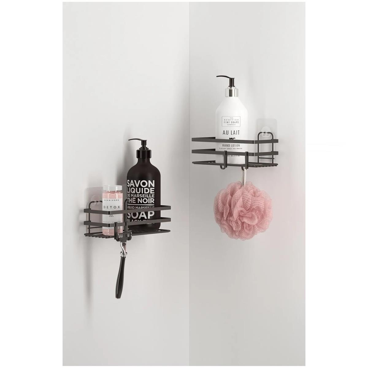 Tekno Tel ST-281 Yapışkanlı Kancalı 2 Adet Düz Banyo Rafı Siyah - Görsel 5