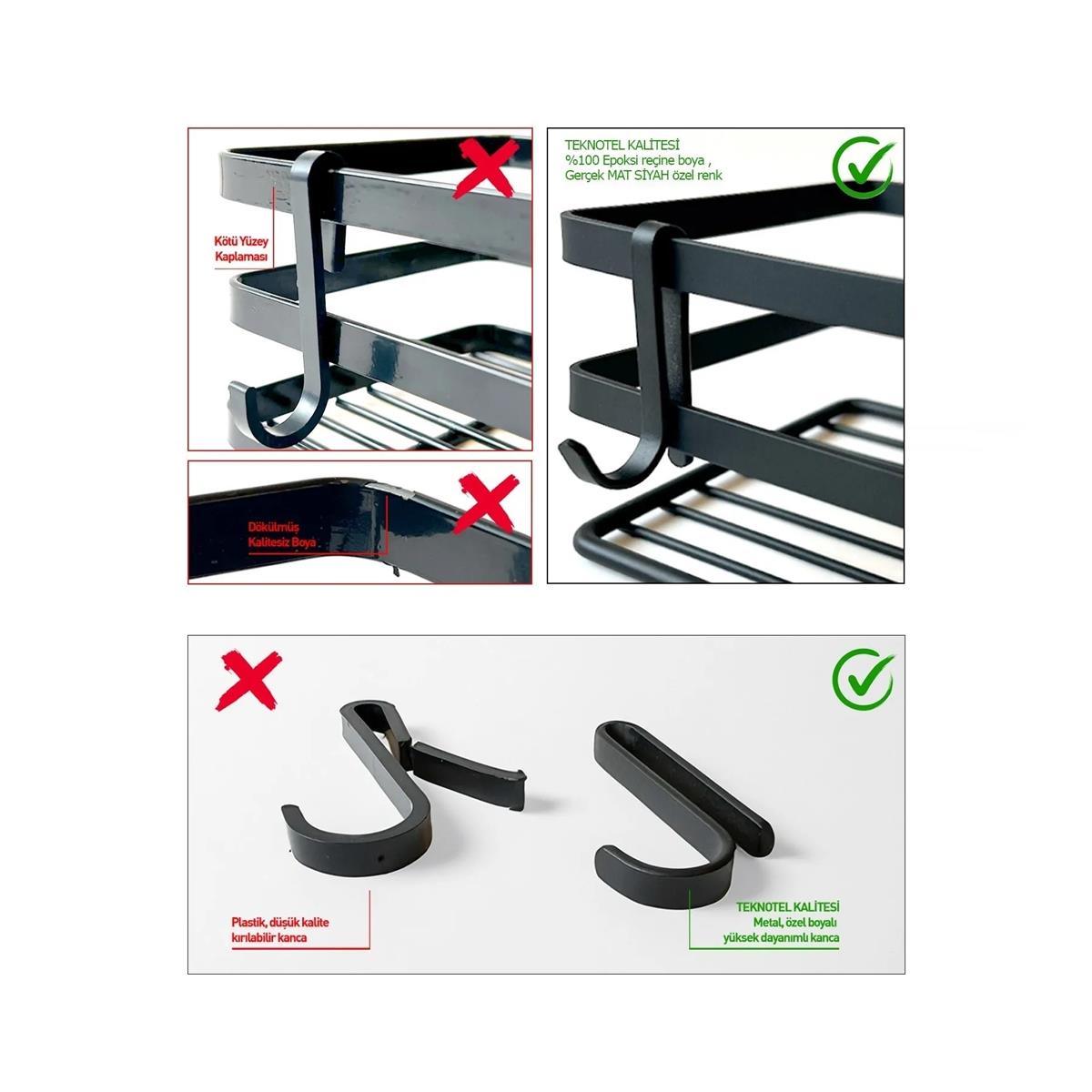 Tekno Tel ST-281 Yapışkanlı Kancalı 2 Adet Düz Banyo Rafı Siyah - Görsel 3