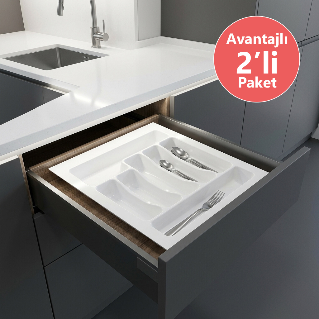 2 Adet Çekmece İçi Kaşıklık 42 x 49 cm Beyaz Mutfak Çekmece Düzenleyici