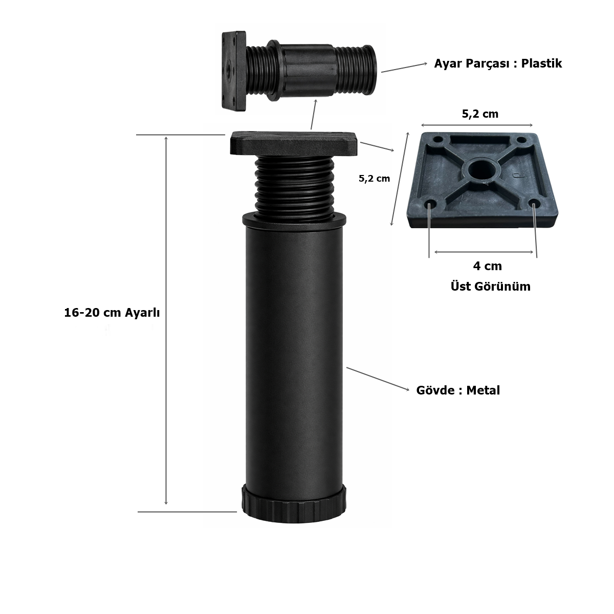 Metal Mobilya Koltuk 16 -20 cm Ayarlı Orta Destek Ayağı Mat Siyah - Görsel 2