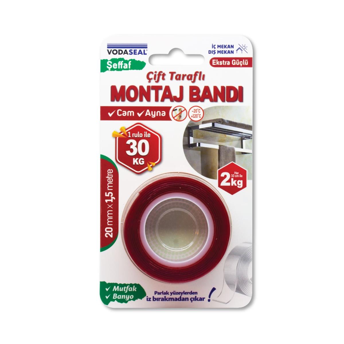 Vodaseal Ekstra Güçlü Çift Taraflı Montaj Bantı Şeffaf 20 mm x 1,5 mt - Görsel 2